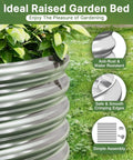 Close-up of galvanized raised garden bed edge with anti-rust, smooth edges, and easy assembly features visible