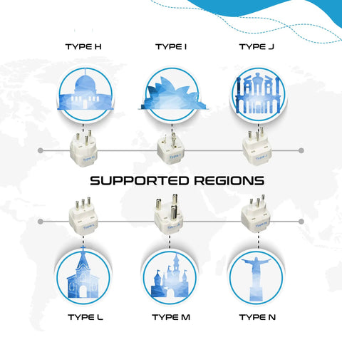 Universal Travel Plug Adapter Set With Types A Through M Plugs, 12 Pack, showing type H, I, J, L, M, N adapters with world map.
