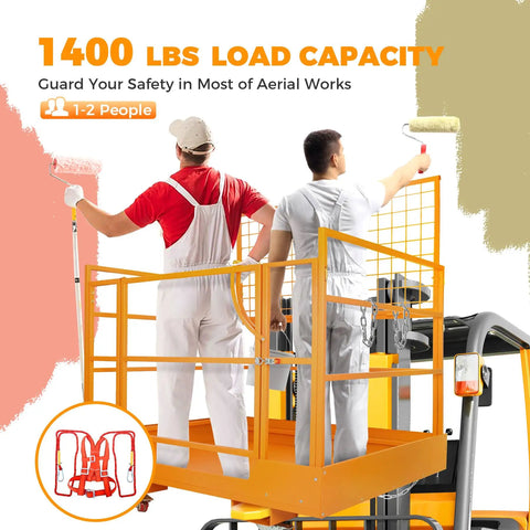 Heavy Duty Forklift Safety Cage With 1400 Lbs Capacity, steel aerial lift basket used by two workers for painting.