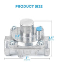 Gas pressure regulator, 1/2'' inlet, propane/natural gas; silver metal body with blue test port cap, front view