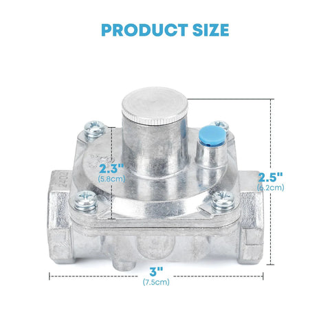 Gas pressure regulator, 1/2'' inlet, propane/natural gas; silver metal body with blue test port cap, front view