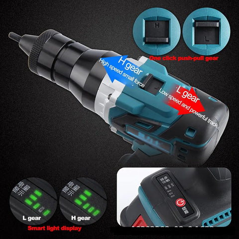 Heavy Duty Cordless Automatic Rivet Gun With Rechargeable Battery M3 To M12 Hex Heads Dual Speed Switch and Bright LED Lamp showing gears and smart light display.