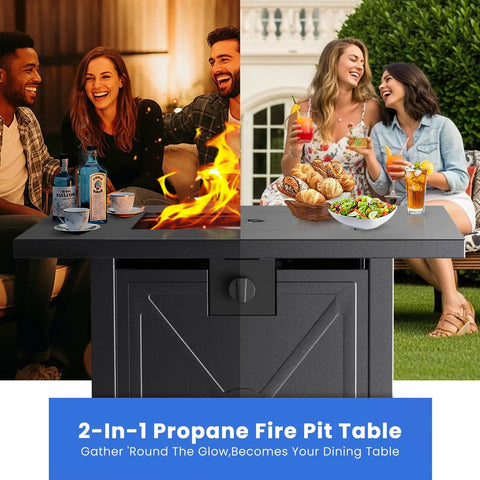 28 Inch Propane Fire Pit Table With 40K BTU Portable Smokeless Outdoor Heater And Dining Coffee Bar Table Includes Lava Rocks
