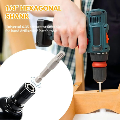 Top Notch 7 Piece Triple Square Spline Bit Set With 1/4 Inch Hex Shank And 12 Point Magnetic Torx Head in use with hand drill.