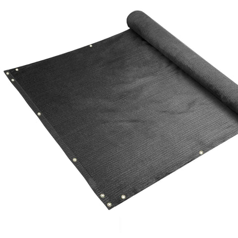 Rolled out Three Feet By Twelve Feet Balcony Privacy Fence Screen Cover With Zip Ties, UV protected 200GSM breathable black material.