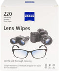 Box of 220 Zeiss Lens Wipes For Glasses And Sunglasses Premoistened Gentle Cleaning, showing glasses, binoculars, and camera