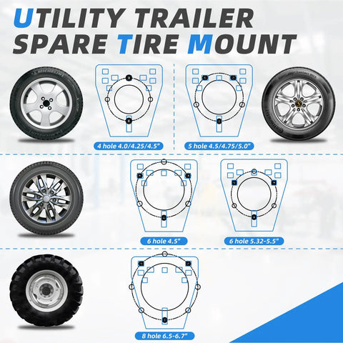 Beefed Up Spare Tire Mount For Boat Trailer Accessories With 3 Nut Design, bolt pattern guide for 4 to 8 lug wheels.