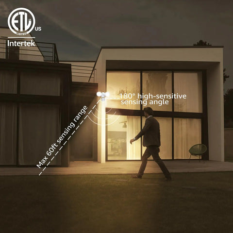 Motion Sensor LED Flood Light With Dual Adjustable Heads for Security, illuminating entry at night, 180° sensing angle
