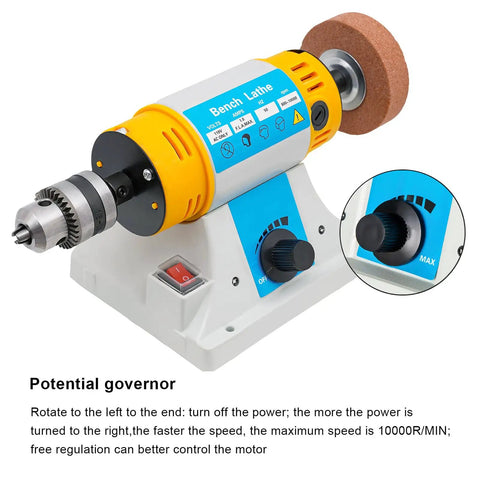 Pro Grade Bench Polisher Lathe Kit 320W with Flexible Shaft showcasing speed control knob and on-off switch, 800-10000 RPM.