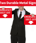 Person holding 2 Pack Aluminum Emergency Shut Off Sign With Down Arrow Reflective Weatherproof Rust Free Safety Sign For Doors And Walls Compliant And Easy To Install 10x7 Inches Red.