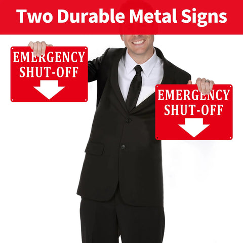 Person holding 2 Pack Aluminum Emergency Shut Off Sign With Down Arrow Reflective Weatherproof Rust Free Safety Sign For Doors And Walls Compliant And Easy To Install 10x7 Inches Red.