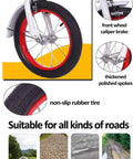 Close-up of pneumatic tire spoked wheel with caliper brake on the Three Wheel Cruiser Tricycle For Kids Outdoor Fun.