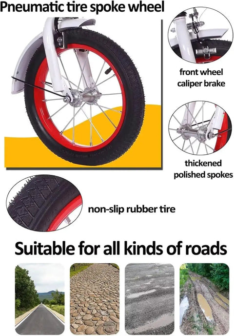 Close-up of pneumatic tire spoked wheel with caliper brake on the Three Wheel Cruiser Tricycle For Kids Outdoor Fun.