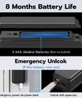 Sliding Glass Door Lock With Biometric Fingerprint, Keypad, RFID And Remote App Control For Patio Doors, shows battery life and emergency unlock options.
