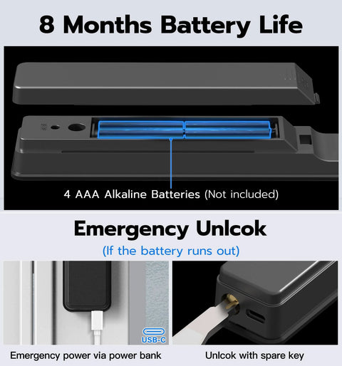 Sliding Glass Door Lock With Biometric Fingerprint, Keypad, RFID And Remote App Control For Patio Doors, shows battery life and emergency unlock options.