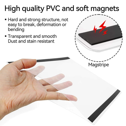 Close-up of 15 Pack Magnetic Sign Holders showing clear PVC frame and magnetic border for 8.5 x 11 documents, highlighting durability.