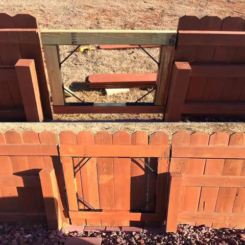No Sag Corner Brace Kit For Shed Doors, Driveway Gates, Corral Gates, And Wood Windows installed on wooden fence gate.