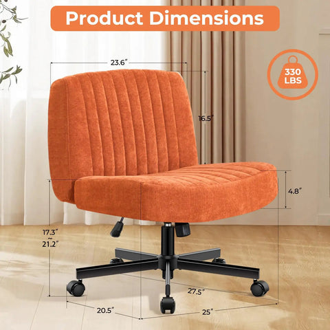 Criss Cross Office Chair With Pocket Springs, Extra Wide 25In Seat, Thick 4.8In Cushions, Armless Swivel Vanity Chair, Orange, Dimensions