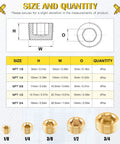 Brass NPT Pipe Plugs Kit 16-Piece, 5 Sizes 1/8 1/4 3/8 1/2 3/4 Inch diagram and specs with quantity chart