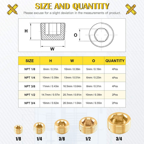 Brass NPT Pipe Plugs Kit 16-Piece, 5 Sizes 1/8 1/4 3/8 1/2 3/4 Inch diagram and specs with quantity chart