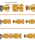 Heavy Duty Rust Resistant Brass Garden Hose Quick Connect Fittings Three Quarter Inch GHT Female To Female Adapters No Leak Easy To Use Includes Two Female Connectors For Fast Leak Free Hose Setup.