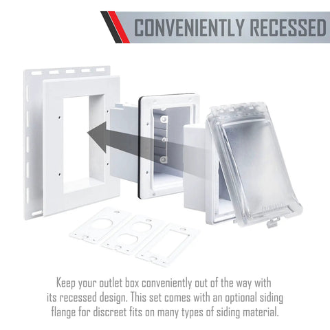 Exploded view of Built Tough Heavy Duty 1-Gang Recessed Weatherproof In-Use Outlet Cover 6-In-1 Nonmetallic Design in white.