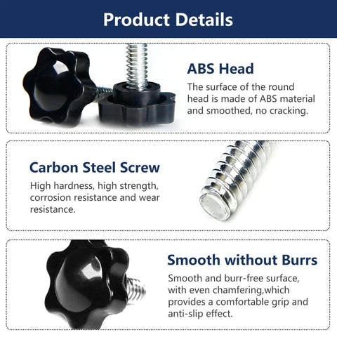 Twelve Pack Of Quarters Twenty By One Inch Star Thumb Screws With Knurled Faces showing ABS head and carbon steel screw, highlighting smooth grip.