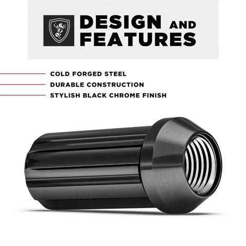 Black Chrome M14x1.50 Duplex Lug Nuts With Key 7 Spline Drive featuring cold forged steel detail