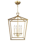 Pendant Light Lantern With Industrial Iron Art Design Vibe Four Head Candle Style Chandelier Ceiling Fixture For Hallway Kitchen Dining Room Bar Or Restaurant In Aged Gold Finish, 12.6W x 18H.
