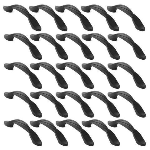 25 Pack Solid Braided Kitchen Cabinet Pulls Handles 4 And A Half Inch Length 3 Inch Hole Centers Matte Black Drawer And Door Hardware Style M260 Heavy Duty Solid Metal Build displayed in rows