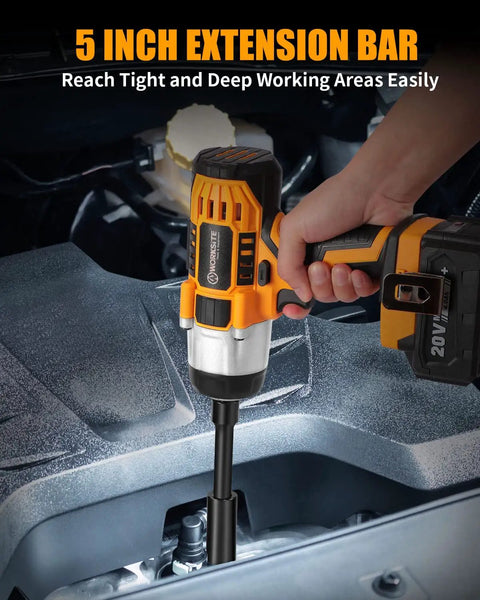Cordless Half Inch Impact Wrench With 370 Foot Pounds Max Torque 0 To 2000 RPM Variable Speed 4Ah Battery in engine bay