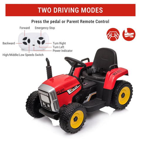 12V Kids Ride On Tractor with Trailer, remote control, dual driving modes, red electric tractor, ideal for ages 3 to 6