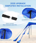Detailed view of 10x10 Ft Beach Shade Canopy Tent With 8 Sandbags, UPF Fifty Plus Sun Shelter For Beach Camping Fishing And Backyard, Elevated 7.7 Ft Height highlighting simplified installation features on a beach.