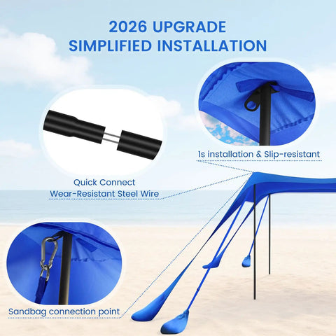 Detailed view of 10x10 Ft Beach Shade Canopy Tent With 8 Sandbags, UPF Fifty Plus Sun Shelter For Beach Camping Fishing And Backyard, Elevated 7.7 Ft Height highlighting simplified installation features on a beach.