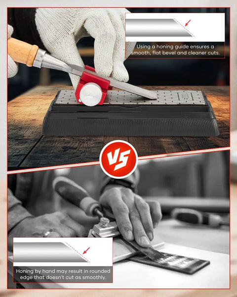 Comparison of Heavy Duty Chisel Sharpening Jig And Wood Honing Guide With Adjustable Angles for precise bevel vs hand honing.