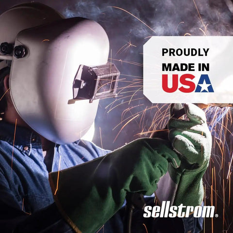 Welder using Flip Front Adapter For Welding Helmets With Nylon Lift Front Retainer and gloves, sparks visible, USA sign.