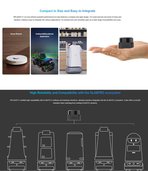 Hand holding RPLIDAR C1 360 Degree 2D LiDAR Sensor for Robots with 12m Scan Radius, suited for indoor robot applications.
