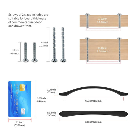 Diagram showing Six Pack Matte Black Cabinet Pulls 7.5 Inch Hole Center sizes and screw options