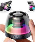 Hand holding Magnetic Bluetooth Mini Speaker With Bass Diaphragm, 5W Internal Magnet Driver, TWS Stereo, RGB Light, TF Card Slot.