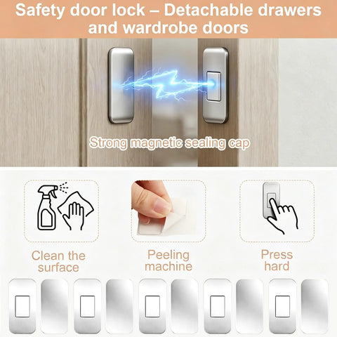 Ultra Thin Magnetic Cabinet Door Latches Hold Super Tight With Heavy Duty Adhesive For Kitchen, Bathroom & RV Cabinets Without Drilling Any Holes No Installation Hassle At All In This 12 Pack Set, Showing installation instructions and magnets.