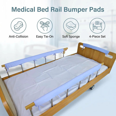 4 Pack Bed Rail Cover Padding For Seniors And Toddlers, Blue, Thick High Density Foam Cushion shown on hospital bed