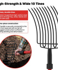 COSITA garden pitch fork with 10 metal tines and 44-inch fiberglass handle, red, heavy-duty.