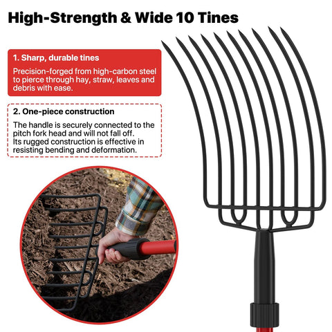 COSITA garden pitch fork with 10 metal tines and 44-inch fiberglass handle, red, heavy-duty.