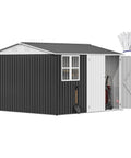10 By 10 Ft Outdoor Metal Storage Shed With Windows Waterproof Build Lockable Doors Sloped Roof in Gray and White
