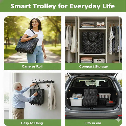 2 In 1 Foldable Shopping Bag With Wheels And Telescopic Handle Reusable Eco Friendly Shopping Cart Tote for women and seniors