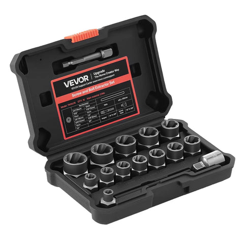 16-Piece Bolt Extractor Kit With Adapters And Pin Punch For Removing Beat-Up Rusted Stripped Rounded Bolts Nuts And Screws Pro Grade Heavy Duty CrMo Steel Includes Solid Storage Case Great For Auto And Home Workshop Projects, shown in open case