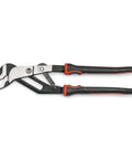 10 Inch Auto Bite Lever Pliers With One Hand Jaw Adjustment Cushioned Grip, side view showing red black handles and adjustable jaws.