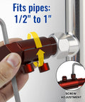 Broken Threaded Pipe Extractor Tool For Half Inch Three Quarter Inch And One Inch Pipes That Removes Rusted Faucet Bolts And Damaged Pipe Threads So You Can Finish Repairs Fast No Fuss shown tightening on metal pipe with hand and wrench.