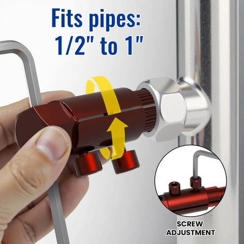 Broken Threaded Pipe Extractor Tool For Half Inch Three Quarter Inch And One Inch Pipes That Removes Rusted Faucet Bolts And Damaged Pipe Threads So You Can Finish Repairs Fast No Fuss shown tightening on metal pipe with hand and wrench.