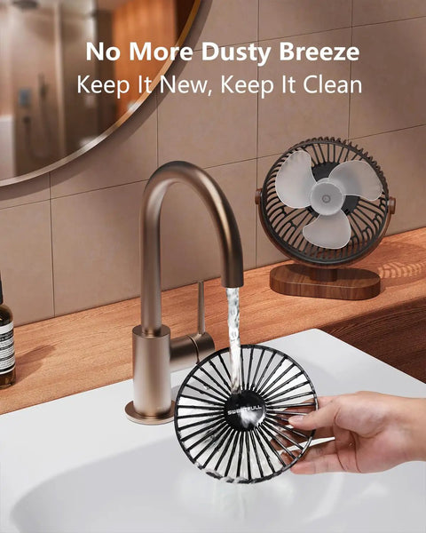Cleaning a detachable grill of 6.5 Inch USB Desk Fan With Quiet 3 Speed Settings, Ultra Portable Personal Mini Table Fan, wood grain base.